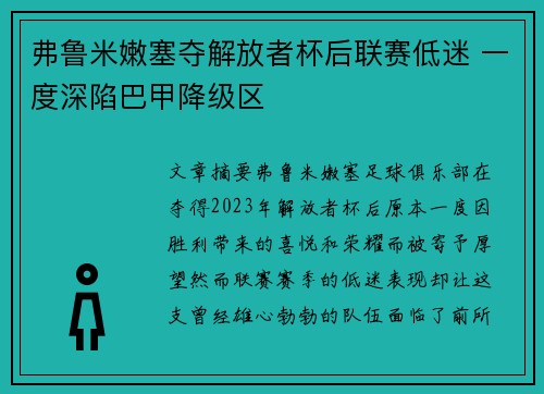 弗鲁米嫩塞夺解放者杯后联赛低迷 一度深陷巴甲降级区