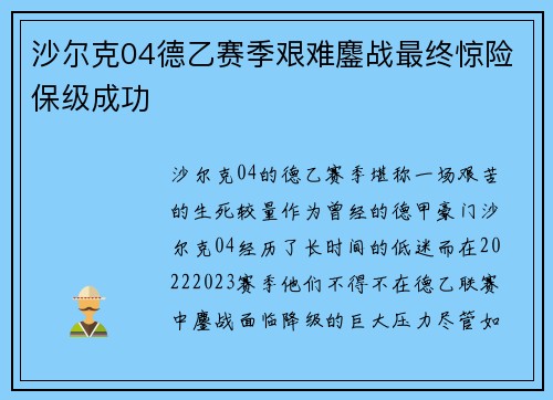 沙尔克04德乙赛季艰难鏖战最终惊险保级成功