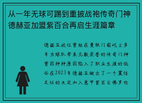 从一年无球可踢到重披战袍传奇门神德赫亚加盟紫百合再启生涯篇章 从一年无球可踢到重披战袍传奇门神德赫亚加盟紫百合再启生涯篇章